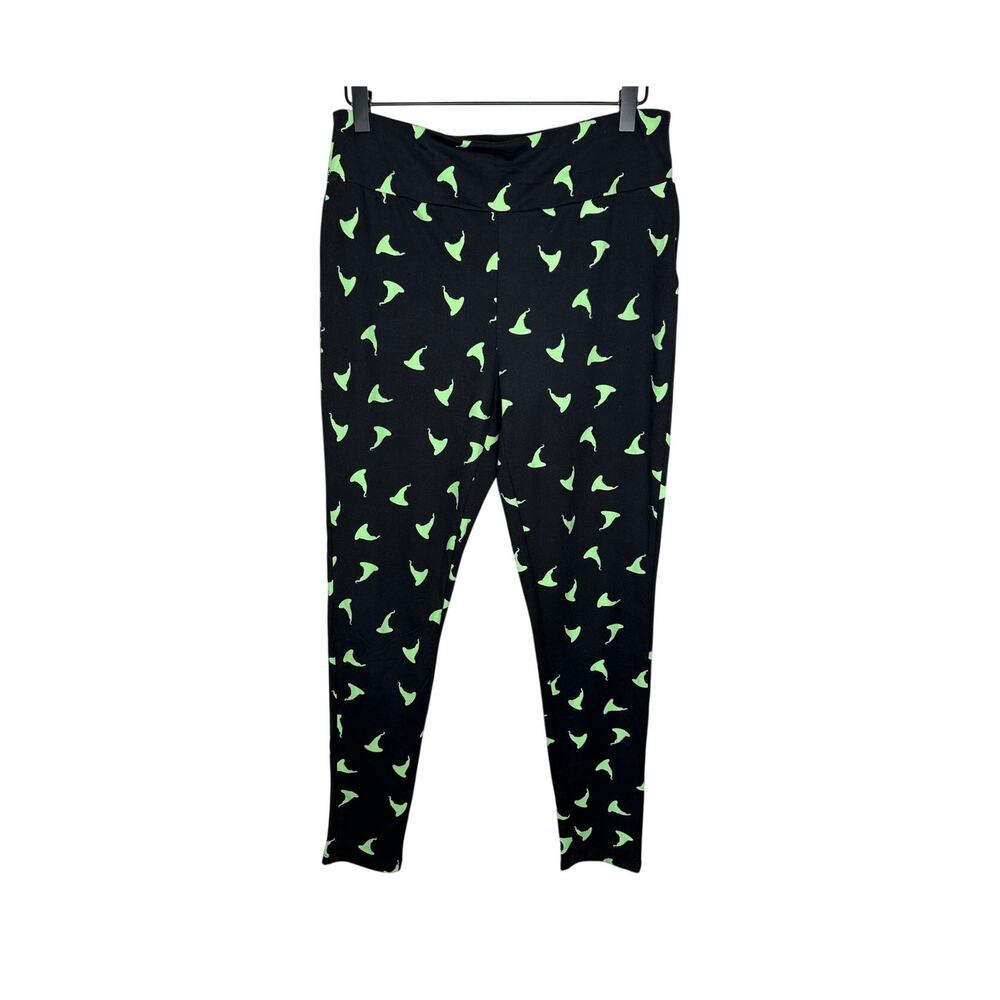 Feeling Festive Halloween Leggings M Green Witch Hat Print High Waist Stretch